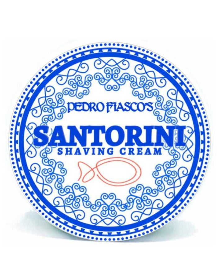 Santorini Shaving Cream logo with blue decorative design
