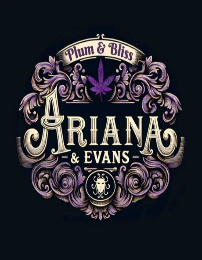 Brand logo with purple floral design and text