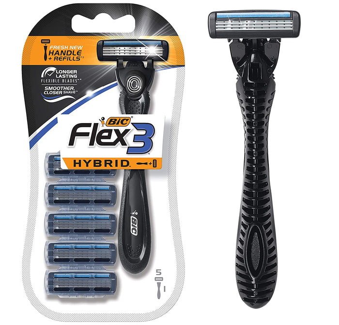 Bic Flex 3 Hybrid Men's 3-Blade Disposable Razor, 1 Handle And 5 Cartridges