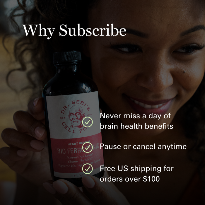 Woman holding Dr. Sebi's Bio Ferrum bottle with subscription benefits highlighted: brain health, flexible cancellation, an...