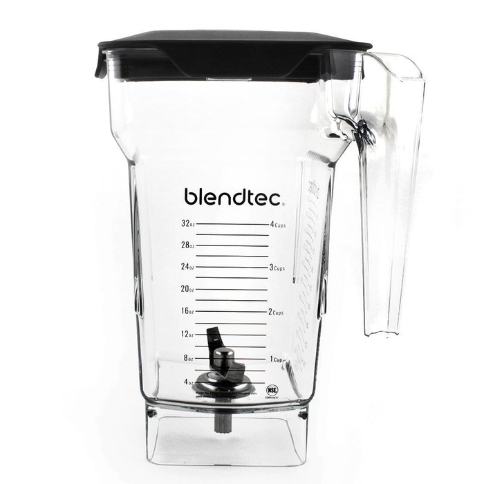 Front view of clear Blendtec FourSide Commercial Jar with black Vented Gripper Lid displayed on a white background