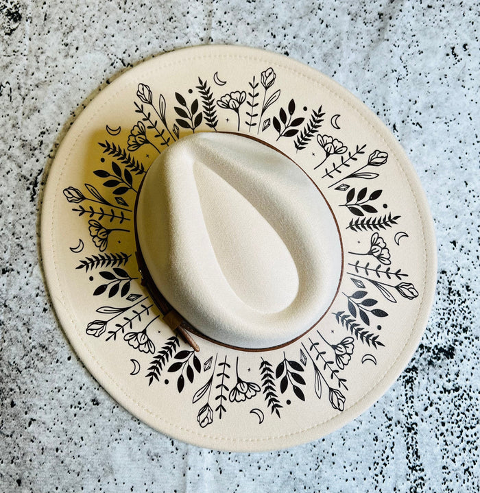 Fox & Fable - Vegan Felt Wide Brim Hat - XL Brim - Cream - Botanicals - -