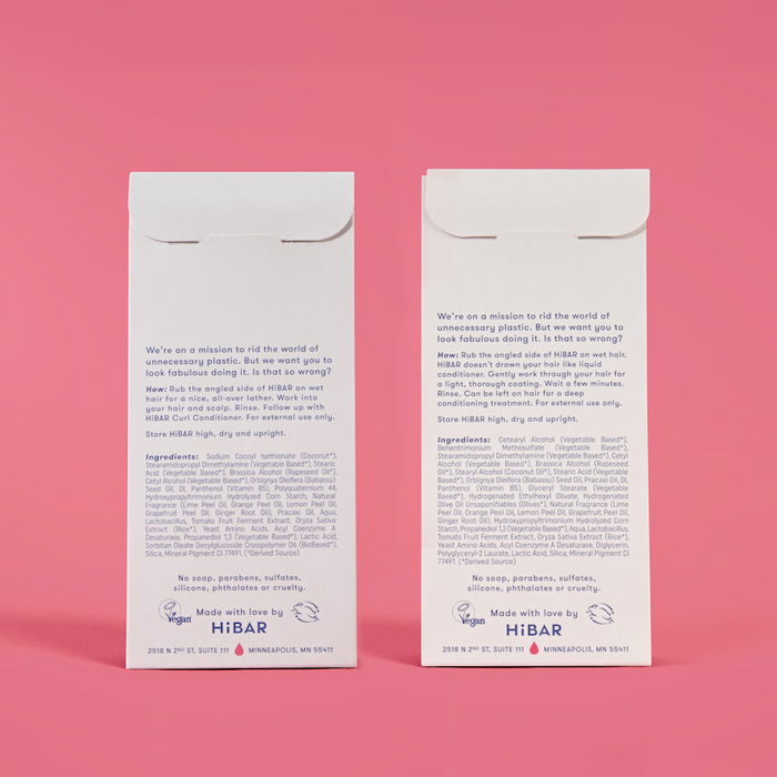 Photo of the back of the packaging of the shampoo bar and conditioner bar set.
