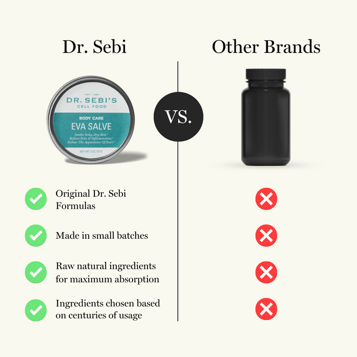 Dr. Sebi Eva Salve compared to other brands, highlighting original formulas, small batch production, raw ingredients, and ...