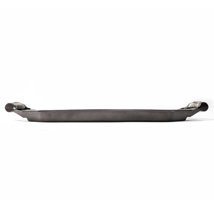 Side view of FINEX 18″ Double Burner Cast Iron Griddle displayed on a white background