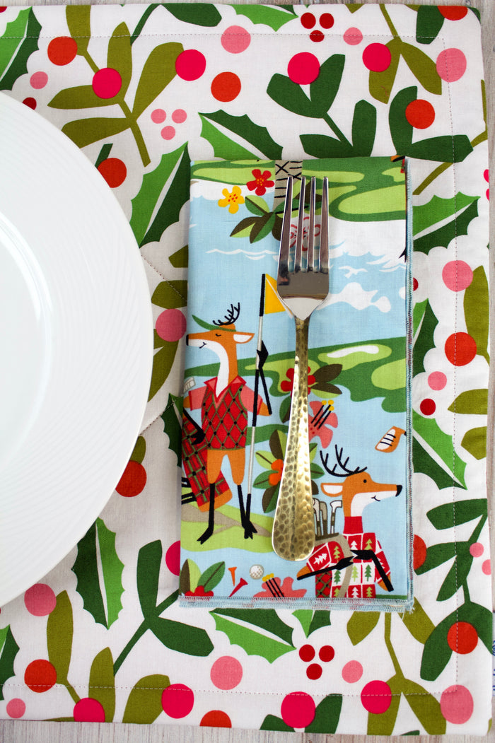 Golfing Santa Napkins (Set of 4)-The Blue Peony-Category_Napkins,Category_Table Linens,Color_Aqua,Department_Kitchen,Material_Cotton,Theme_Christmas,Theme_Tropical
