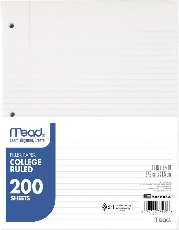 Mead College Ruled Filler Paper, 11" × 8.5", 200 Sheets - Office R Us Lagos