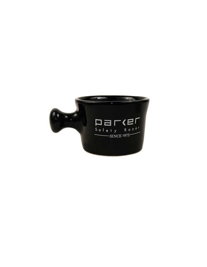 Black Parker safety razor mug with logo for grooming