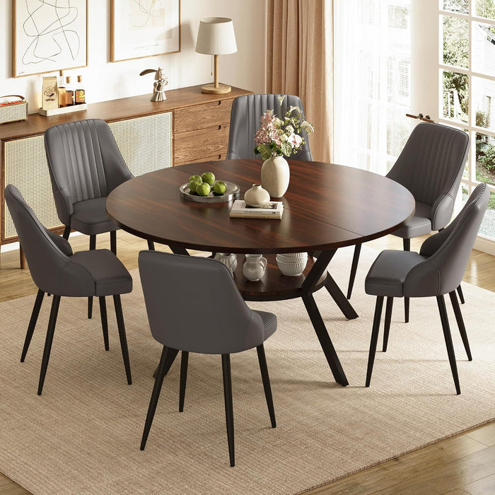 Dark Wood Grain Table / Grey Velvet Chairs / Set of 6