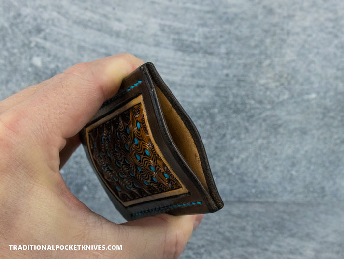 Sage Grouse Leather: Leather Knife Slip Small "Turquoise Dots Chocolate/Rust"