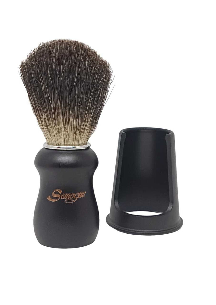 Semogue Pharos C3 black badger shaving brush with black wood handle and stand