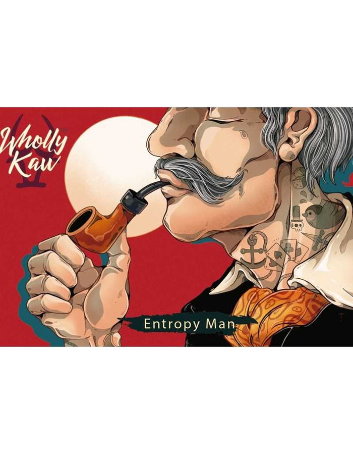 Wholly Kaw Entropy Man aftershave splash label with tattooed man smoking pipe