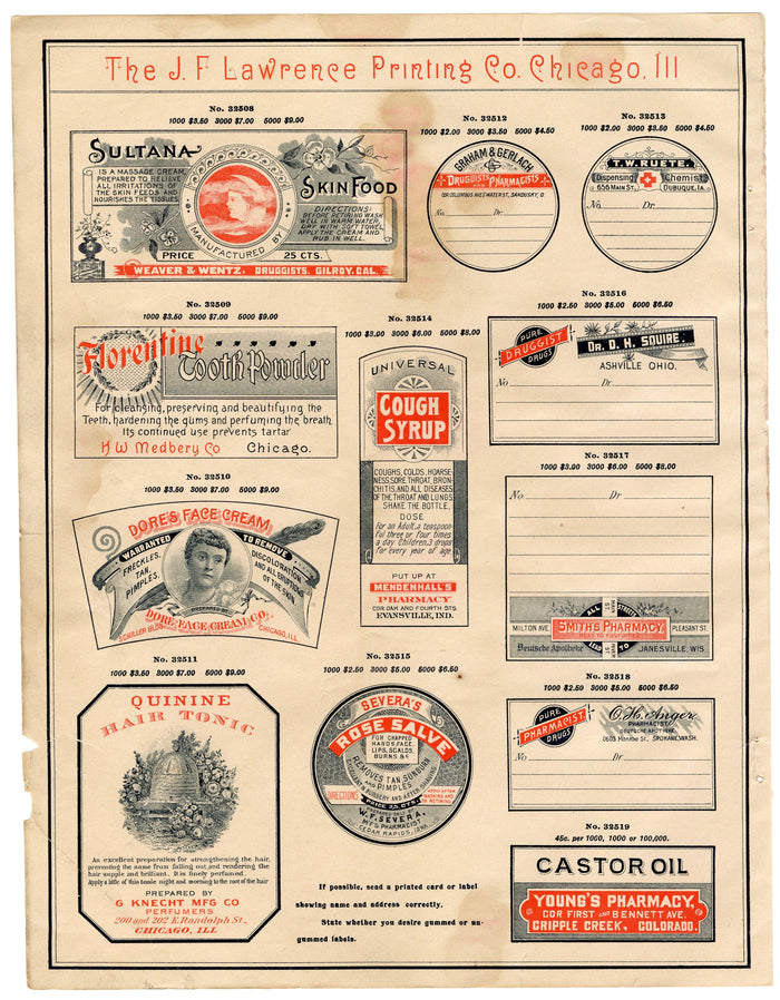 1899 J.F. Lawrence Druggists' Full Pharmacy Label Catalog DIGITAL DOWNLOAD ONLY