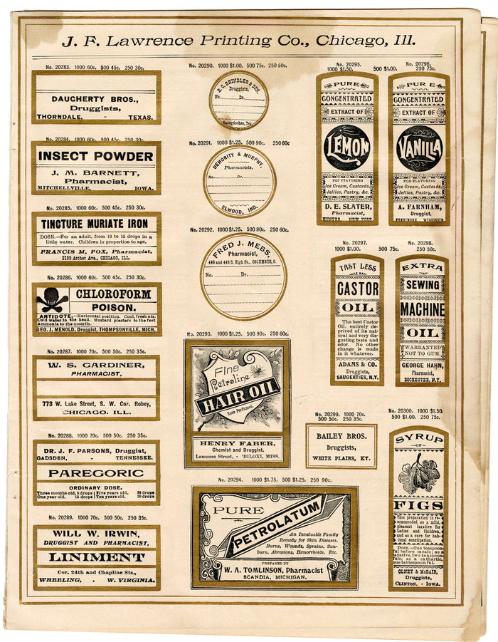 1899 J.F. Lawrence Druggists' Full Pharmacy Label Catalog DIGITAL DOWNLOAD ONLY