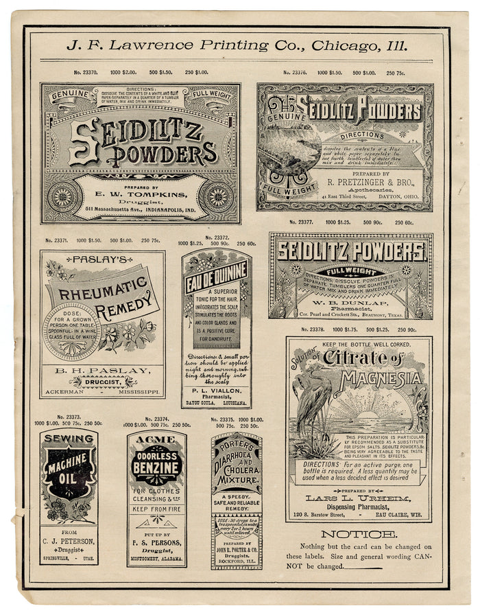 1899 J.F. Lawrence Druggists' Full Pharmacy Label Catalog DIGITAL DOWNLOAD ONLY