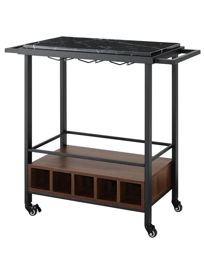 34 Inch Modern Industrial Bar Serving Cart - Black Marble/Dark Walnut