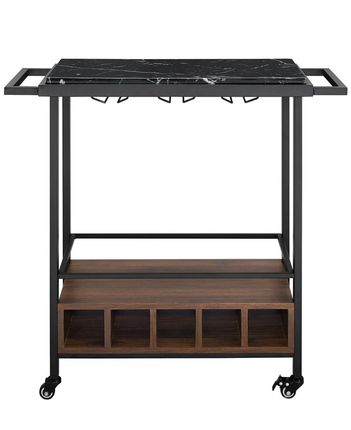 34 Inch Modern Industrial Bar Serving Cart - Black Marble/Dark Walnut