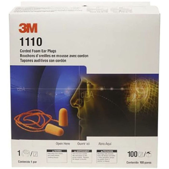 3M 1110 Foam Corded Ear Plugs (100 Pairs) - SNR 35dB