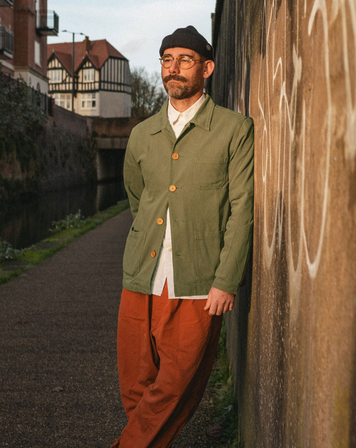 60s Style Herringbone Chore Jacket Army Green