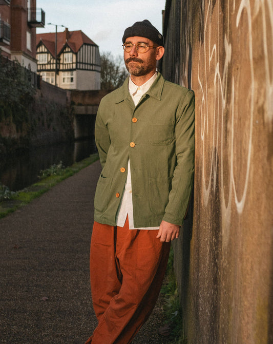 60s Style Herringbone Chore Jacket Army Green