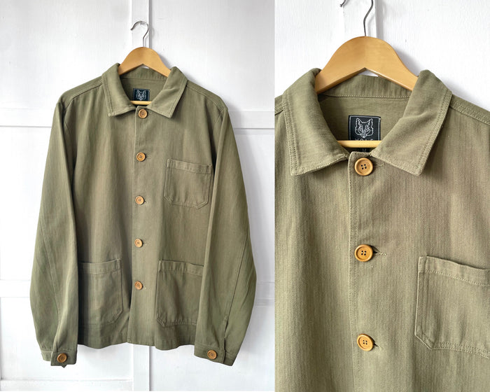 60s Style Herringbone Chore Jacket Army Green