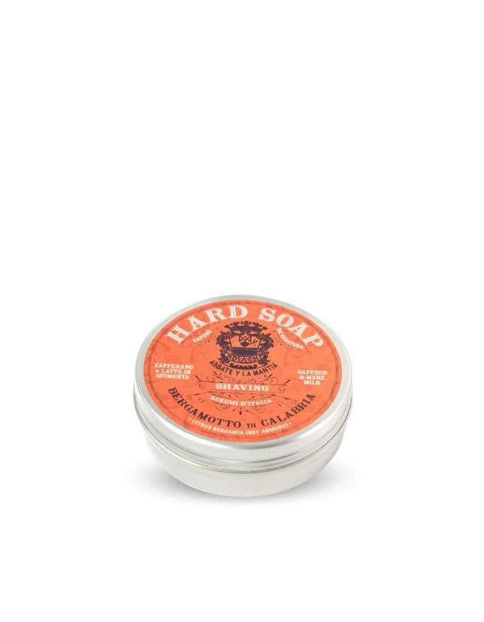Calabrian Bergamot hard shaving soap tin with orange label for personal care