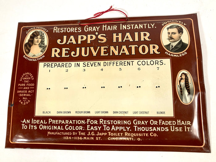 Antique Edwardian JAPP'S HAIR REJUVENATOR Metal Store Display, Sign