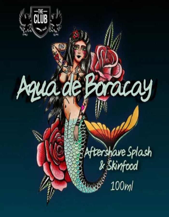 Aqua de Boracay logo with mermaid and floral design on dark background