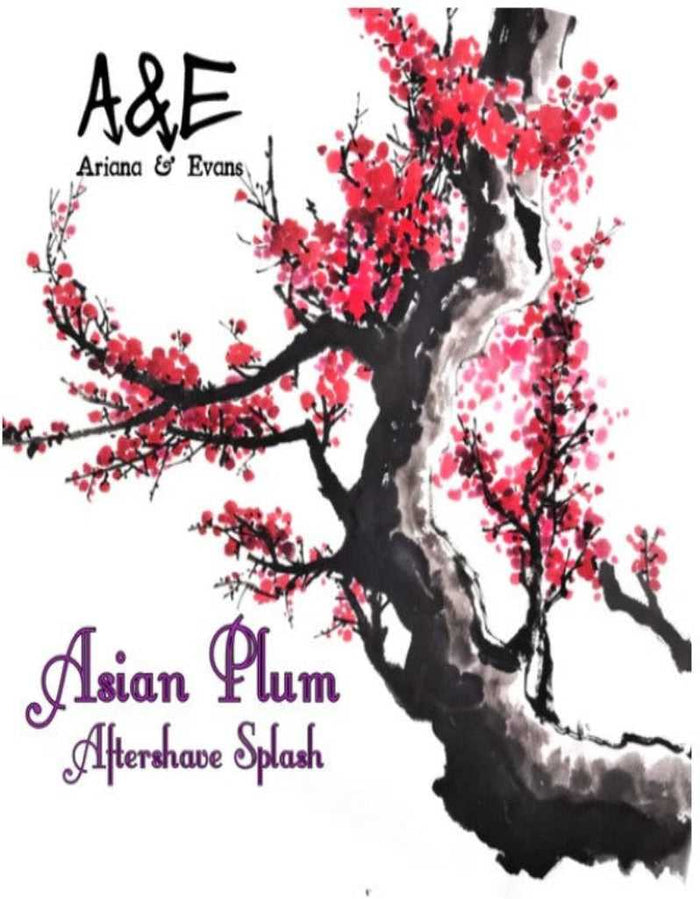 Asian Plum aftershave splash label with cherry blossom illustration
