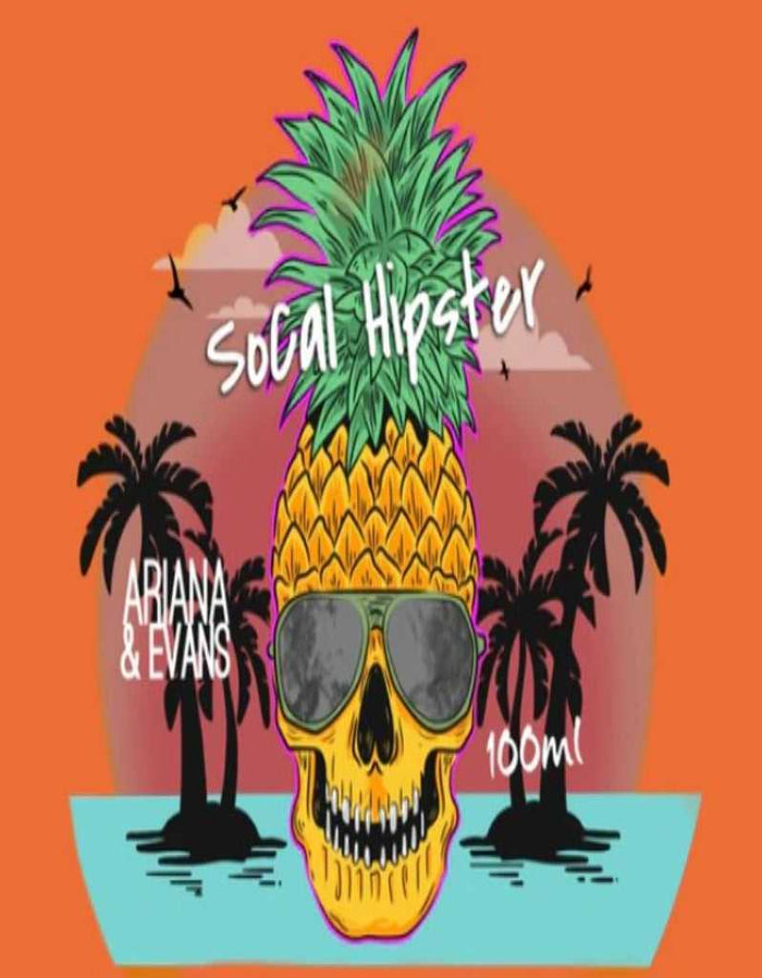 Tropical skull with pineapple and sunglasses, SoCal Hipster design for aftershave packaging