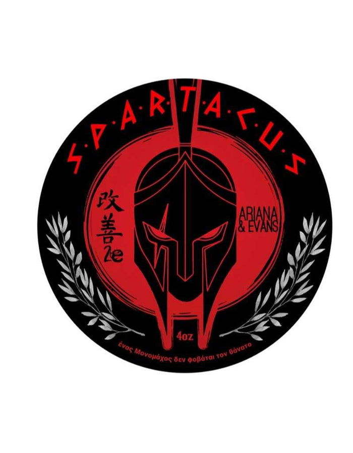 Spartacus shaving soap logo with Spartan helmet, black and red design, laurel wreath, and Greek text