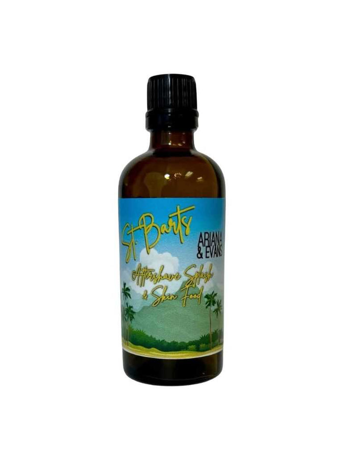 St. Barts Aftershave Splash & Skin Food bottle with tropical beach label