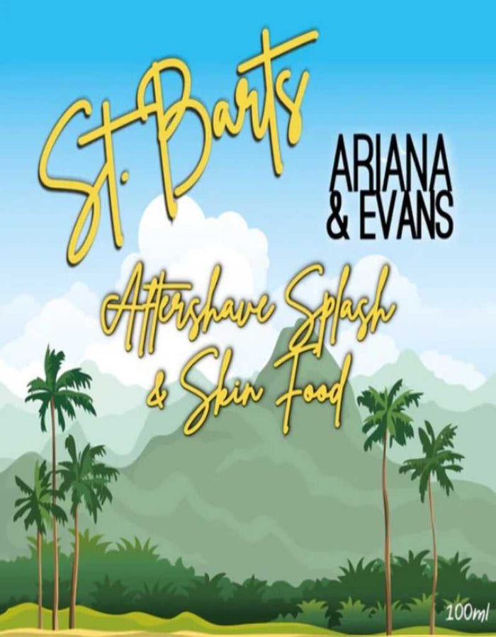 St. Barts Aftershave Splash & Skin Food label with palm trees and mountains