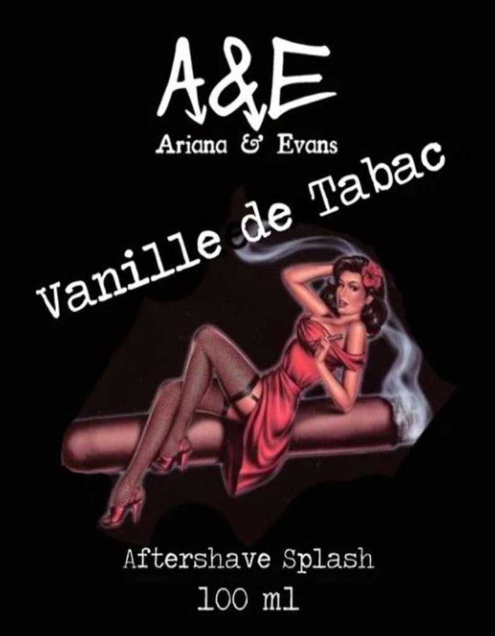 Ariana & Evans Vanille de Tabac aftershave splash label featuring pin-up girl and tobacco fragrance theme