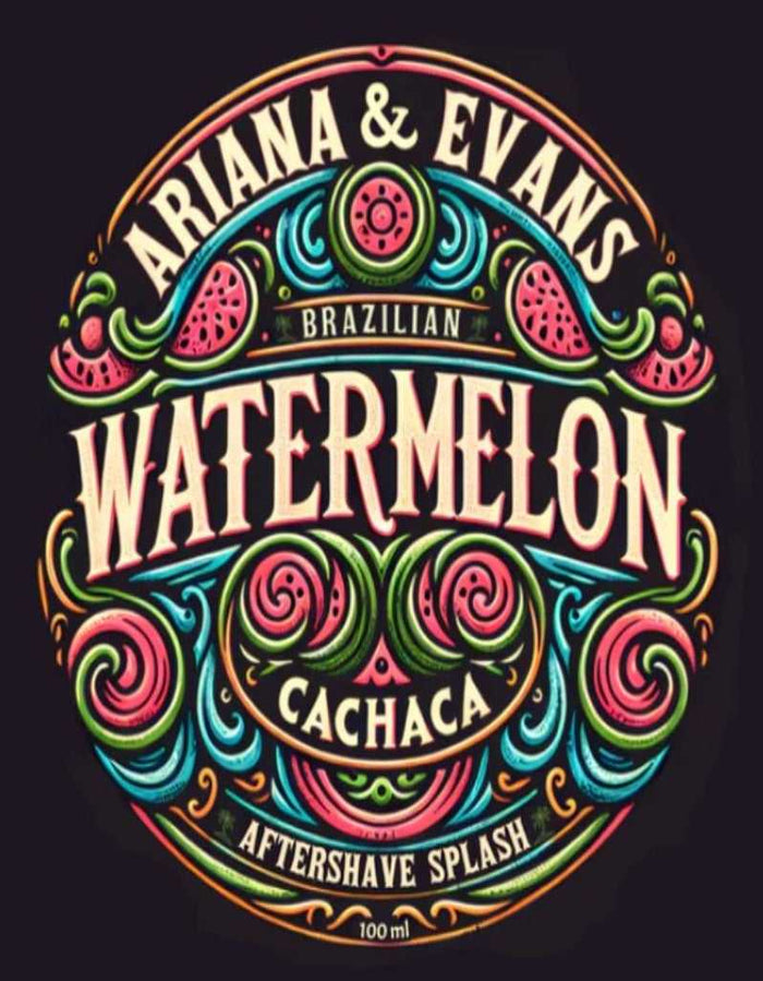 Close-up of vibrant Watermelon Cachaca Aftershave Splash label design