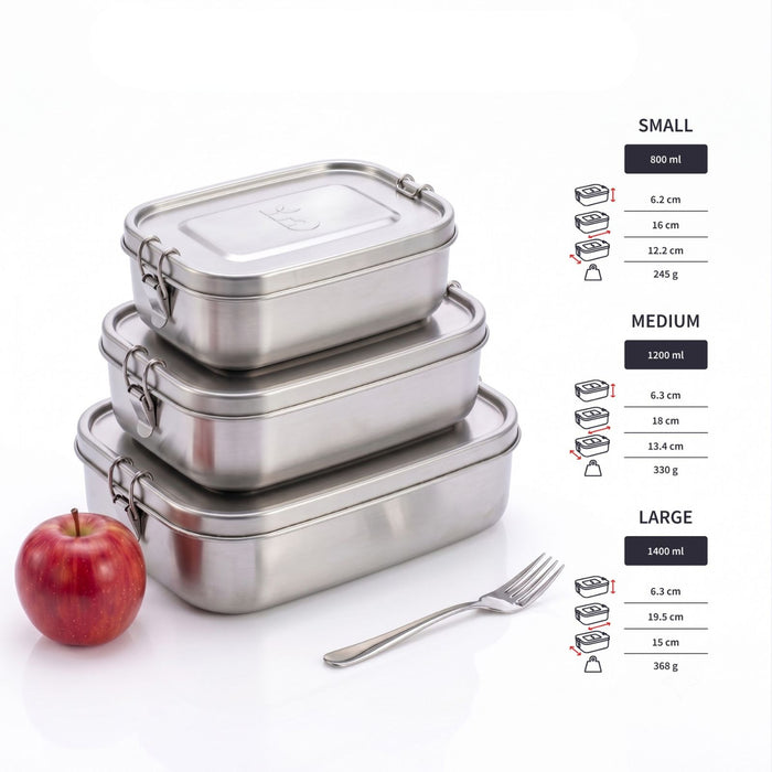 Three nested bambaw stainless steel lunch boxes with lids are shown on a white background, alongside a red apple, a fork, and printed size information for small, medium, and large boxes.