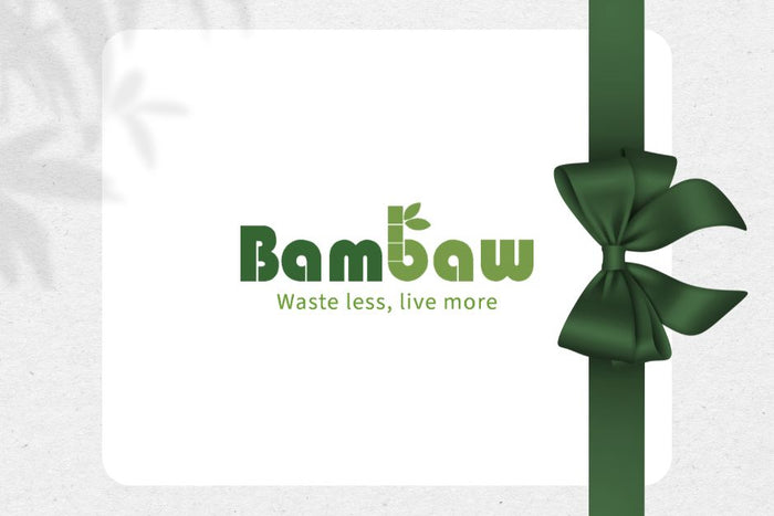 Bamboo product packaging with a green ribbon and 'Bambaw' logo on a white background.