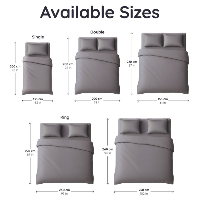 bambaw cozy bamboo duvet cover chart with single, double, and king bed dimensions.