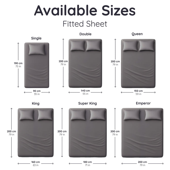 Chart showing the dimensions of bambaw cozy bamboo fitted sheets for various bed sizes.