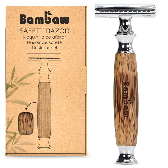 Bamboo safety razor displayed next to its kraft cardboard box packaging with a simple line drawing of the razor