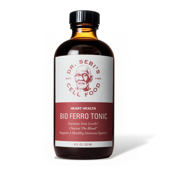 Dr. Sebi's Bio Ferro Tonic heart health supplement in amber glass bottle with white and red label.