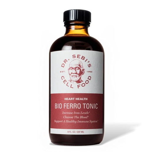 Dr. Sebi's Bio Ferro Tonic heart health supplement in amber glass bottle with white and red label.