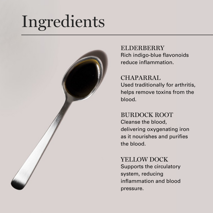 Spoon of dark herbal remedy with ingredient descriptions for elderberry, chaparral, burdock root, and yellow dock.