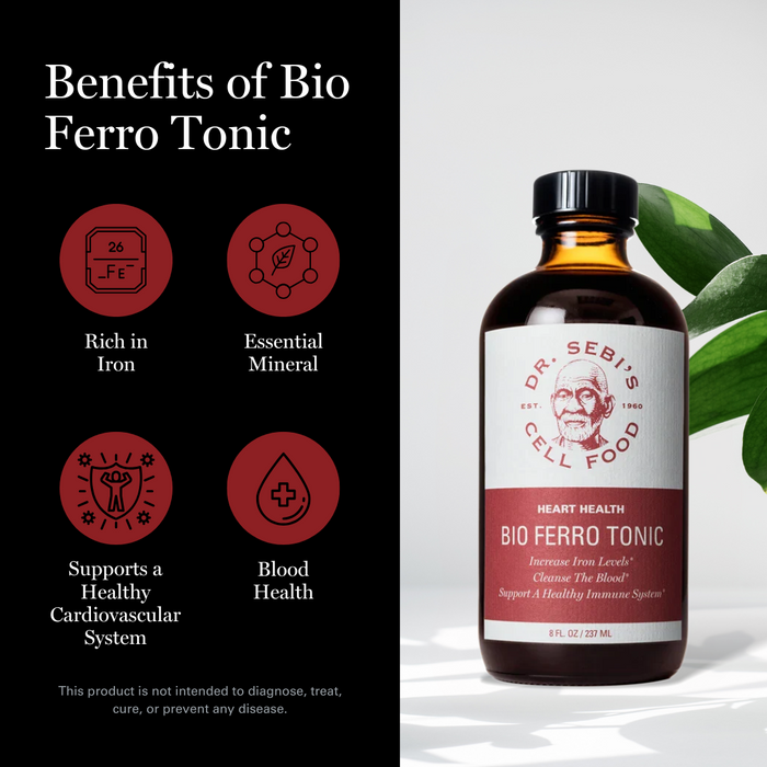 Dr. Sebi's Bio Ferro Tonic bottle with benefits infographic highlighting iron content, mineral support, cardiovascular and...