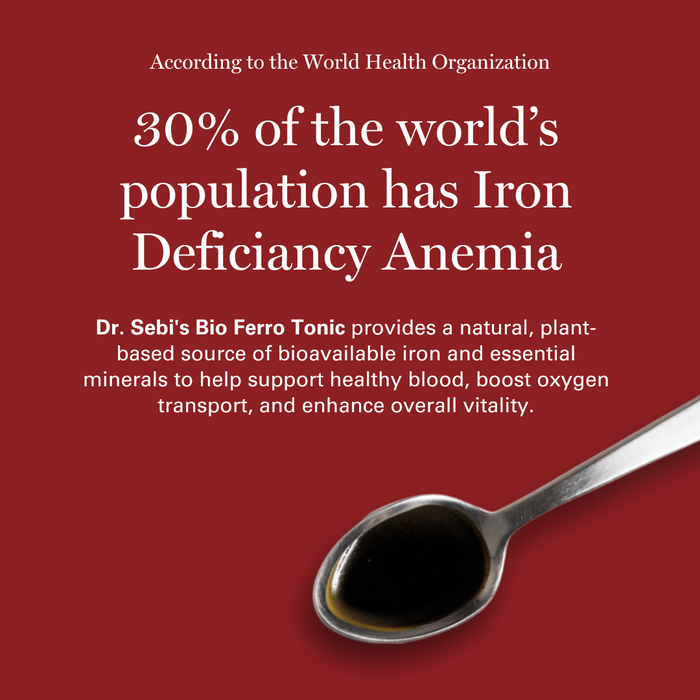Dr. Sebi's Bio Ferro Tonic in a spoon against red background promoting natural iron supplementation.