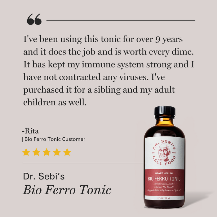 Customer testimonial for Dr. Sebi's Bio Ferro Tonic with 5-star rating and product bottle display.