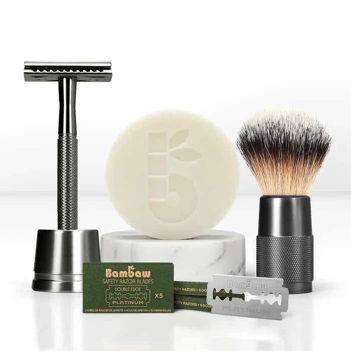 Bambaw Shaving set with safety razor, brush, soap, and blades on a white background