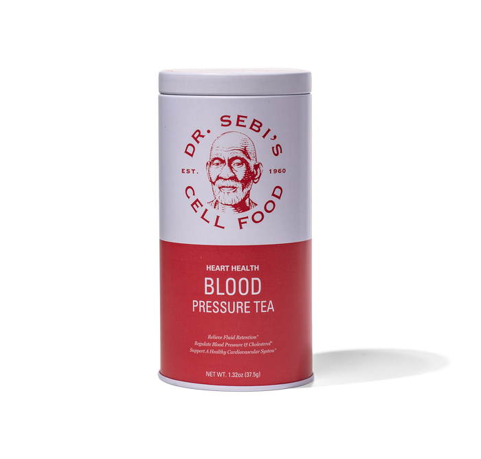 Dr. Sebi's Heart Health Blood Pressure Tea in red cylindrical container with net weight 1.32oz displayed against white bac...