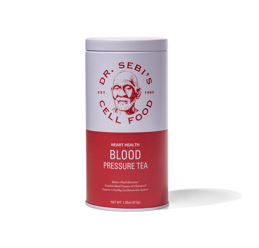 Dr. Sebi's Heart Health Blood Pressure Tea in red cylindrical container with net weight 1.32oz displayed against white bac...