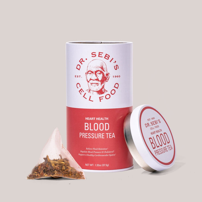 Dr. Sebi's Blood Pressure Tea with loose leaf tea bag and white lid displayed against a neutral background.